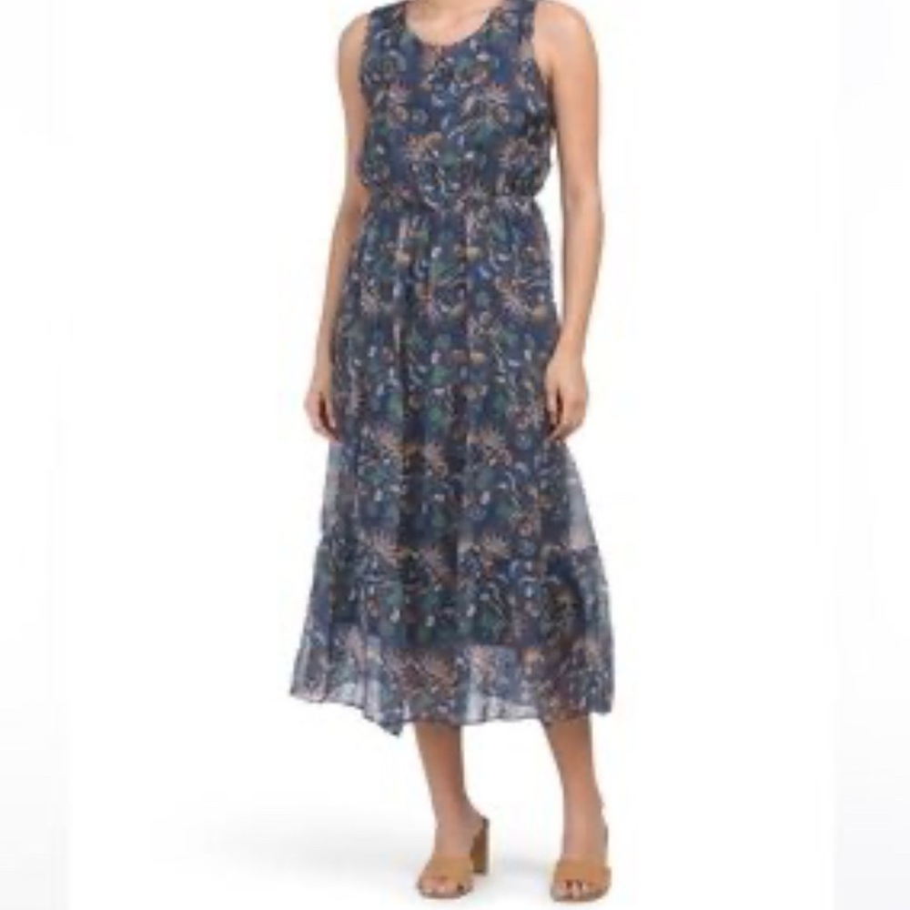 Anthropologie Lara Guidotti Silk Paisley Hi Lo Illusion Maxi Navy Dress Small